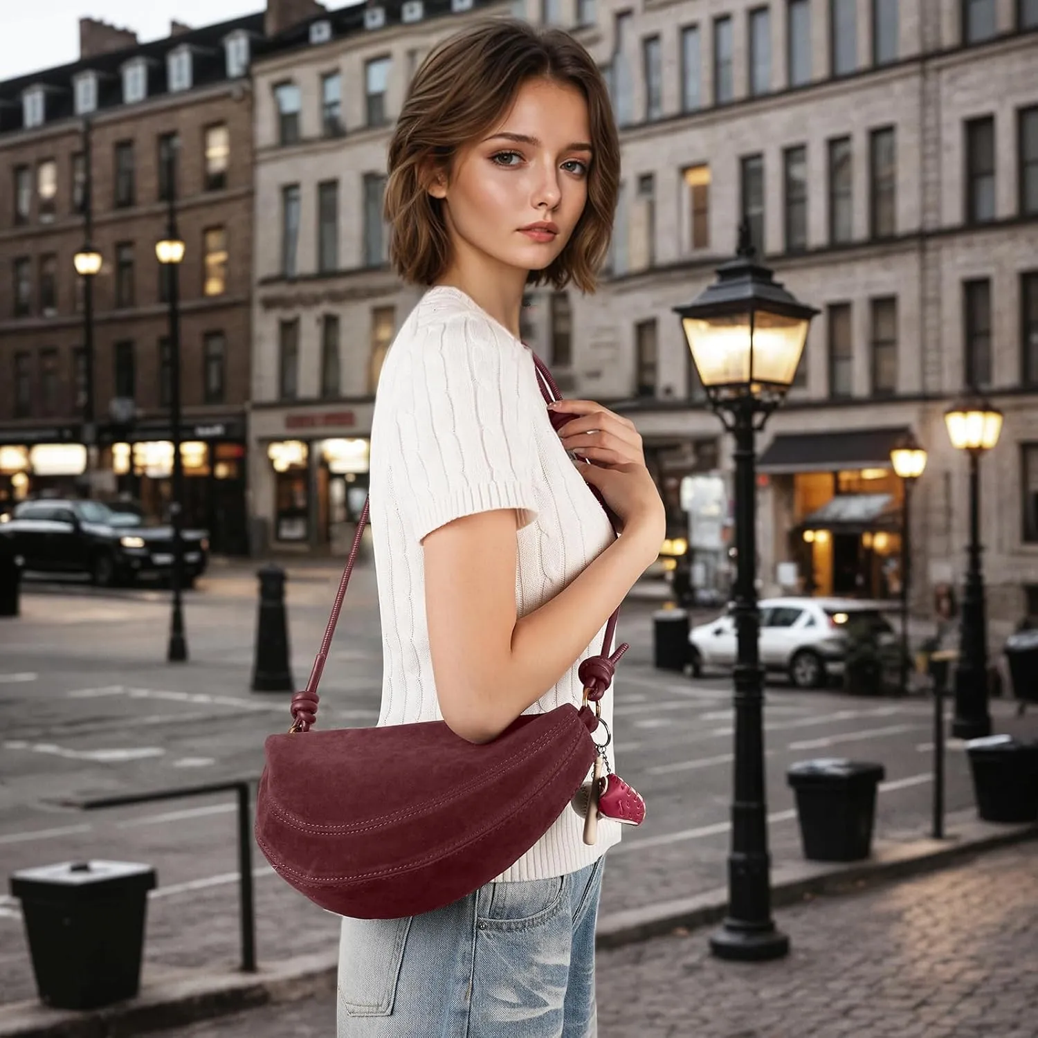 Women's Faux Suede Dumpling Bag Crossbody Shoulder Purse with Cute Baseball Charms
