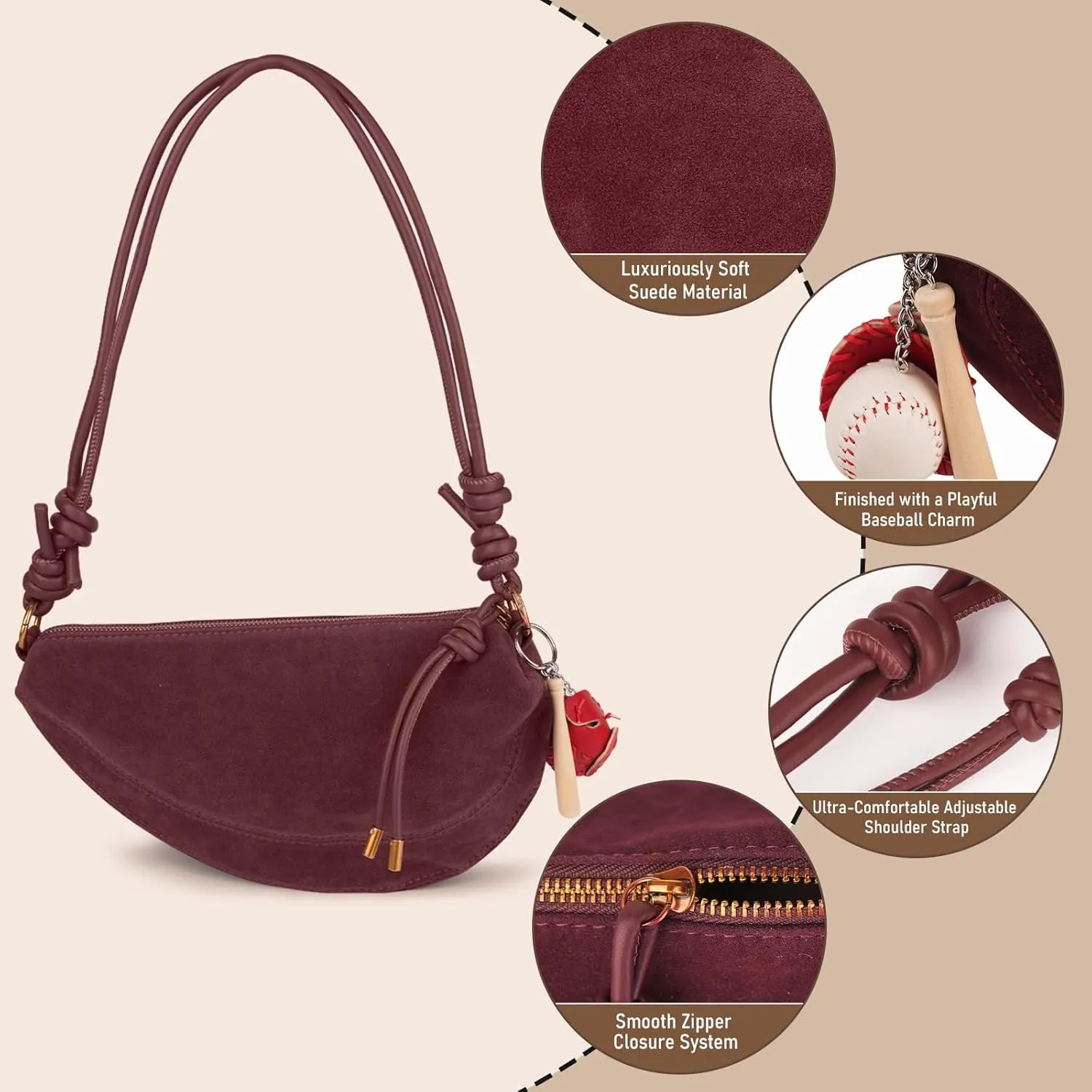 Women's Faux Suede Dumpling Bag Crossbody Shoulder Purse with Cute Baseball Charms