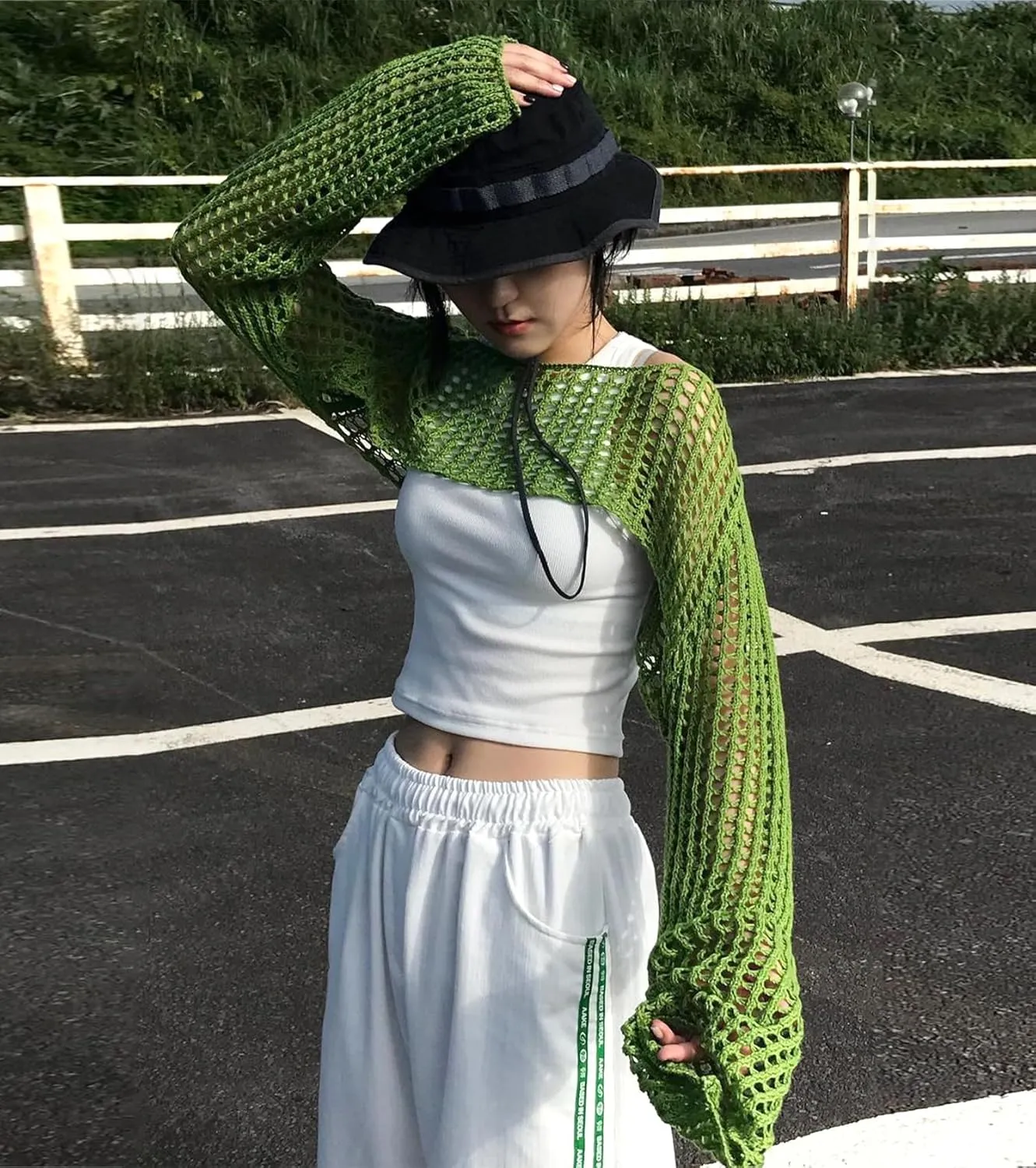 Women's Mesh Crochet Crop Tops Shrugs Sexy Y2k Hollow Out Cropped Knit Sweater See Through Bikini Cover Ups