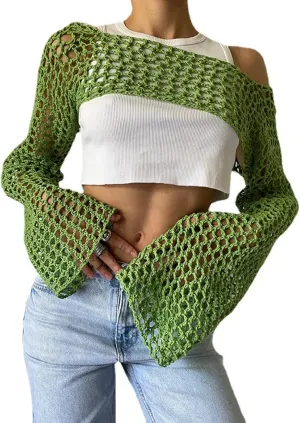 Women's Mesh Crochet Crop Tops Shrugs Sexy Y2k Hollow Out Cropped Knit Sweater See Through Bikini Cover Ups
