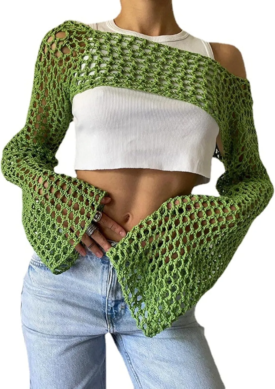 Women's Mesh Crochet Crop Tops Shrugs Sexy Y2k Hollow Out Cropped Knit Sweater See Through Bikini Cover Ups