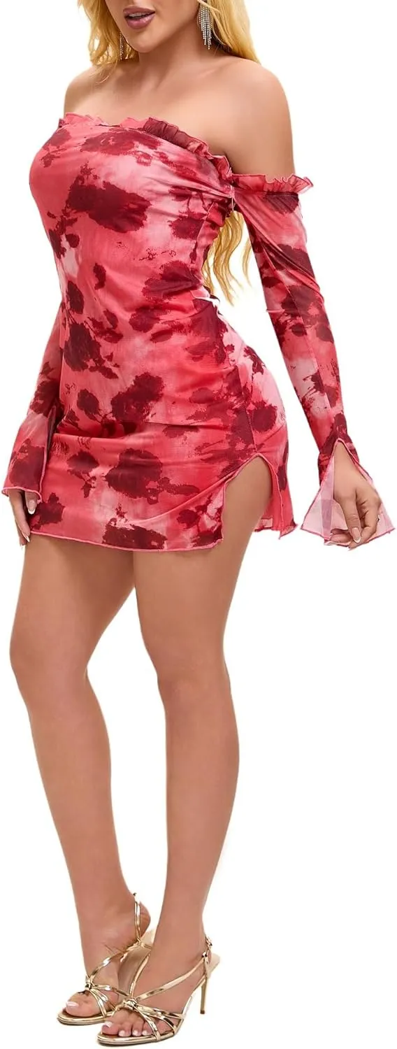 Women’s Off The Shoulder Long Sleeve Mesh Sexy Going Out Clubwear Bodycon Mini Dress
