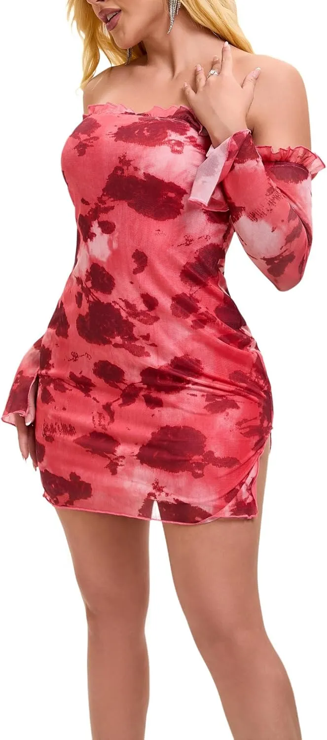 Women’s Off The Shoulder Long Sleeve Mesh Sexy Going Out Clubwear Bodycon Mini Dress