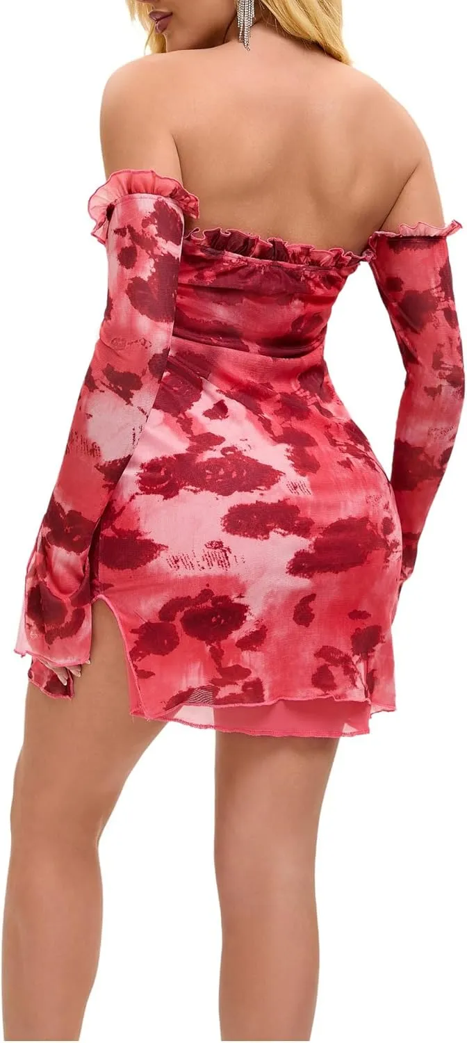 Women’s Off The Shoulder Long Sleeve Mesh Sexy Going Out Clubwear Bodycon Mini Dress