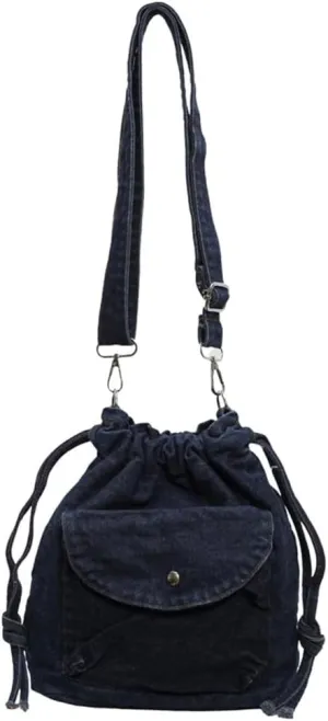 Womens Small Denim Shoulder Crossbody Bag Canvas Bucket Tote Bag Drawstring Lightweight Phone Purse Handbags