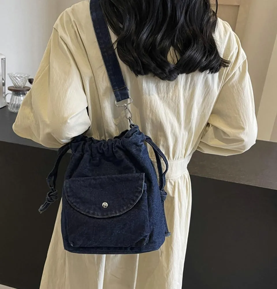 Womens Small Denim Shoulder Crossbody Bag Canvas Bucket Tote Bag Drawstring Lightweight Phone Purse Handbags