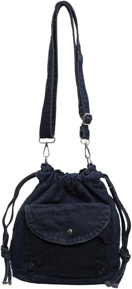 Womens Small Denim Shoulder Crossbody Bag Canvas Bucket Tote Bag Drawstring Lightweight Phone Purse Handbags