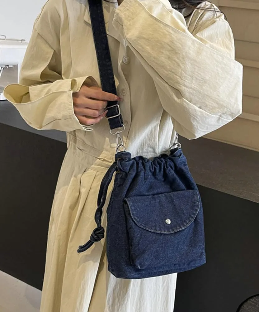 Womens Small Denim Shoulder Crossbody Bag Canvas Bucket Tote Bag Drawstring Lightweight Phone Purse Handbags