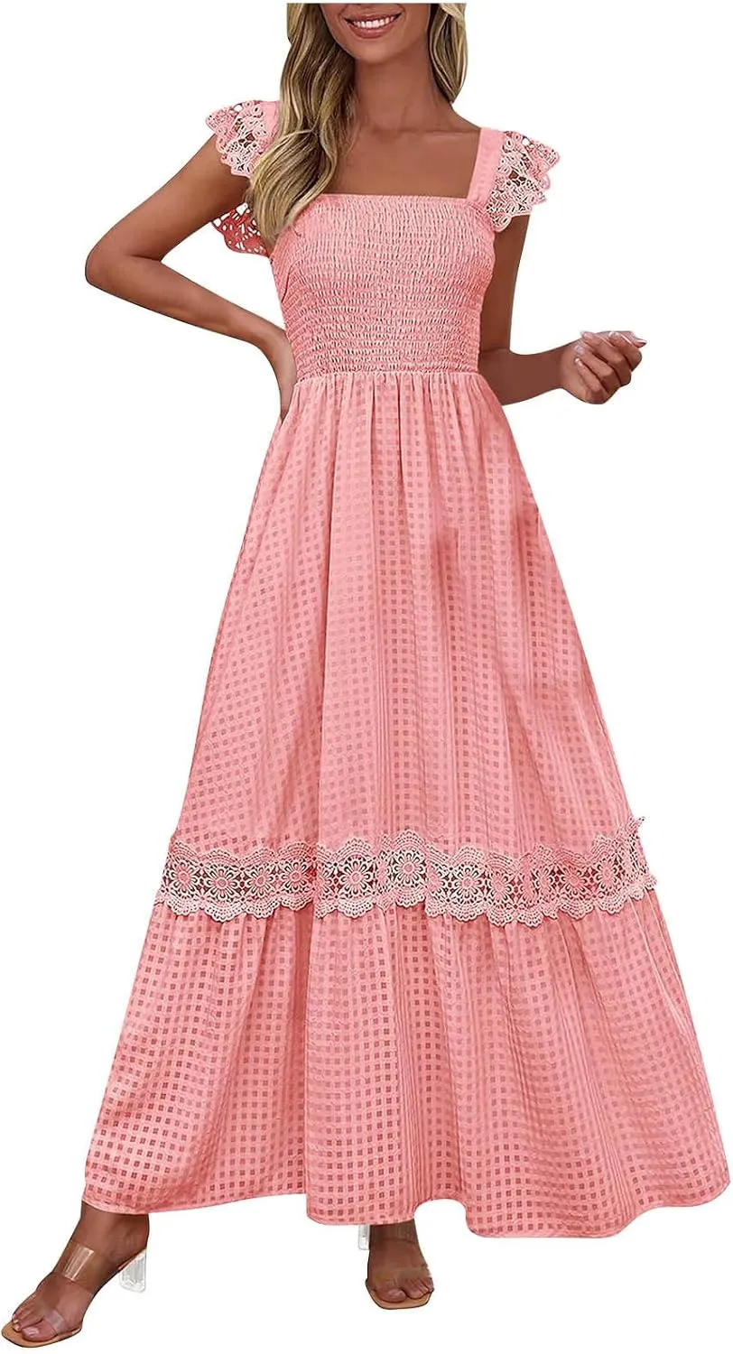 Women's Smocked Summer Maxi Dresses 2025 Ruffle Sleeveless Square Neck Lace Detail Flowy Long Sundress
