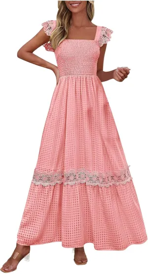Women's Smocked Summer Maxi Dresses 2025 Ruffle Sleeveless Square Neck Lace Detail Flowy Long Sundress