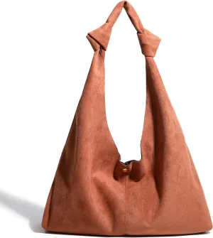 Women's Suede Slouchy Hobo Tote Knotted Shoulder Bag with Extra Pouch