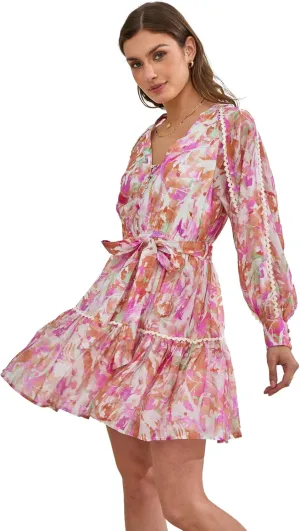 Women's Tencel Mini Dress Pink Floral Lace Trim V-Neck Balloon Sleeves Summer Dress with Pockets