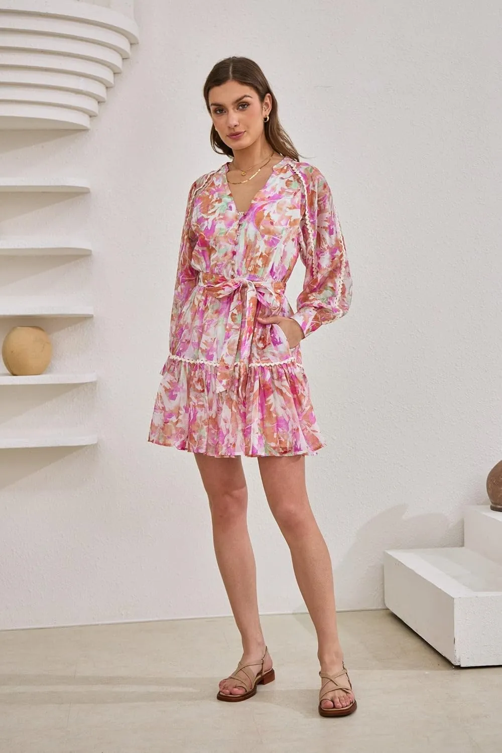 Women's Tencel Mini Dress Pink Floral Lace Trim V-Neck Balloon Sleeves Summer Dress with Pockets