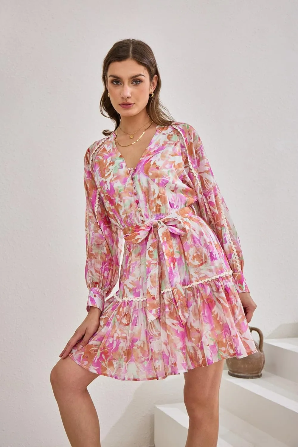 Women's Tencel Mini Dress Pink Floral Lace Trim V-Neck Balloon Sleeves Summer Dress with Pockets