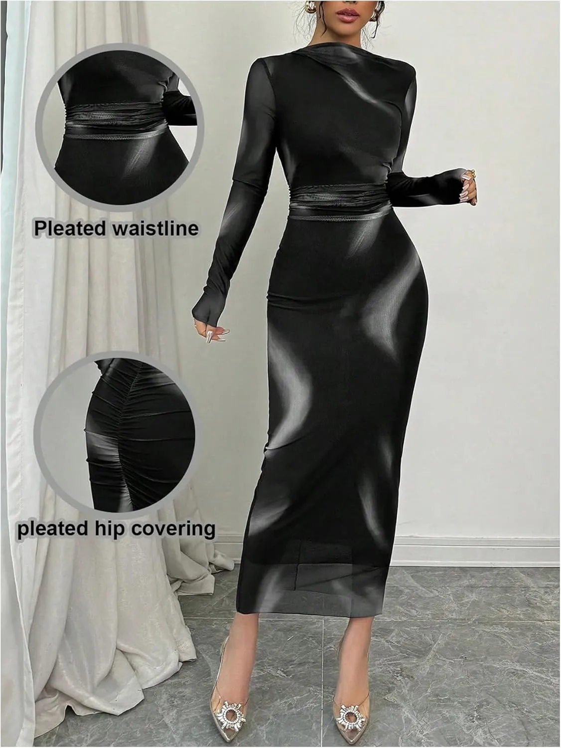 Women's Tie Dye Sheer Mesh Dress Ruched Long Sleeve Elegant Bodycon Maxi Dresses
