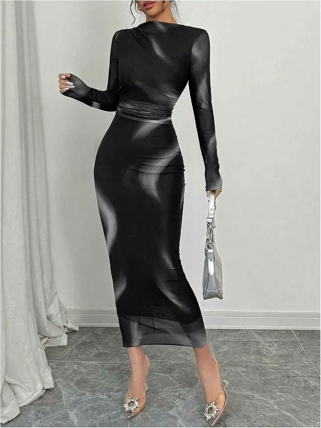 Women's Tie Dye Sheer Mesh Dress Ruched Long Sleeve Elegant Bodycon Maxi Dresses