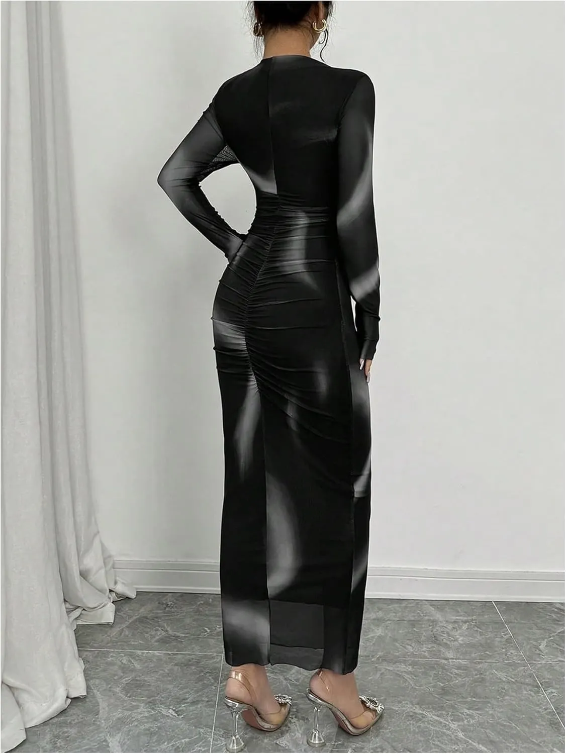Women's Tie Dye Sheer Mesh Dress Ruched Long Sleeve Elegant Bodycon Maxi Dresses