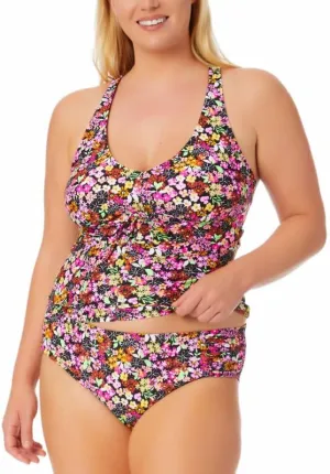 Women's Trendy Plus Size Ditsy-Print Drawstring Tankini Top (Super Bloom Black Multi, 2X)