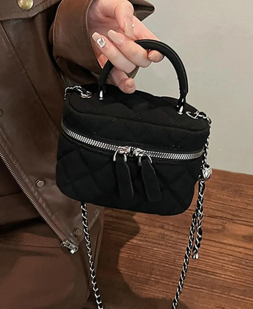 Women’s Trendy Quilted Crossbody Bag Suede Square Box Mini Chain Strap Shoulder Bag Top Handle Purse Cute Tote Handbag