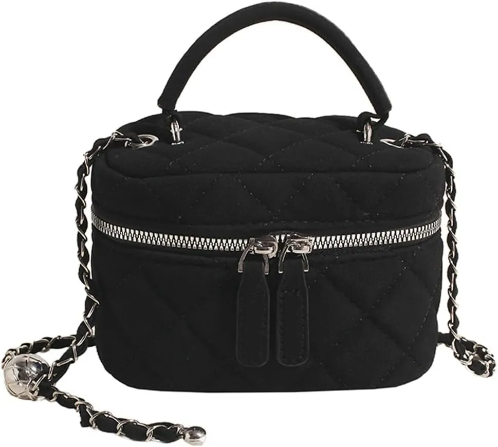Women’s Trendy Quilted Crossbody Bag Suede Square Box Mini Chain Strap Shoulder Bag Top Handle Purse Cute Tote Handbag