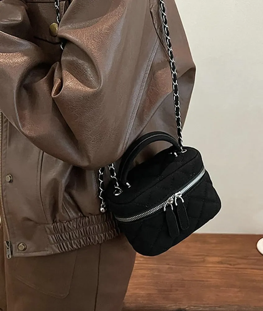 Women’s Trendy Quilted Crossbody Bag Suede Square Box Mini Chain Strap Shoulder Bag Top Handle Purse Cute Tote Handbag