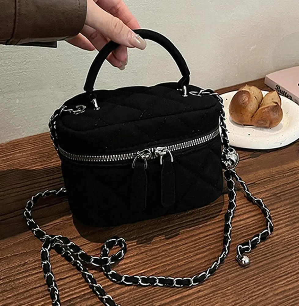 Women’s Trendy Quilted Crossbody Bag Suede Square Box Mini Chain Strap Shoulder Bag Top Handle Purse Cute Tote Handbag