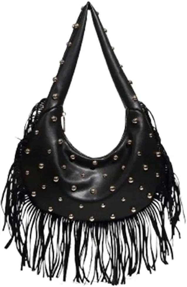 Womens Vintage Hobo Bag Genuine Leather Crossbody Purse with Fringe Studded Design Casual Shoulder Bag for Daily Use