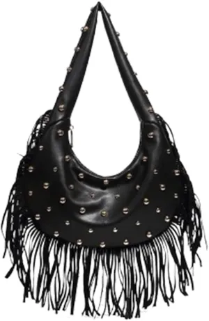 Womens Vintage Hobo Bag Genuine Leather Crossbody Purse with Fringe Studded Design Casual Shoulder Bag for Daily Use