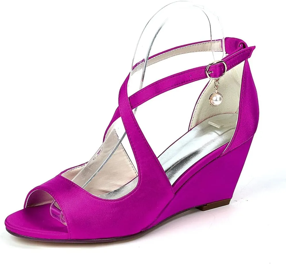 Women's Wedding Shoes Peep Toe 2.5 Inches Wedge Heel Lace Satin Bridal Shoes Sandals,Purple,6