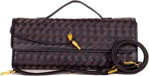 Women's Woven Suede and PU Leather Clutch Purse - Elegant Top-Handle Shoulder Crossbody Evening Bag with Detachable Strap