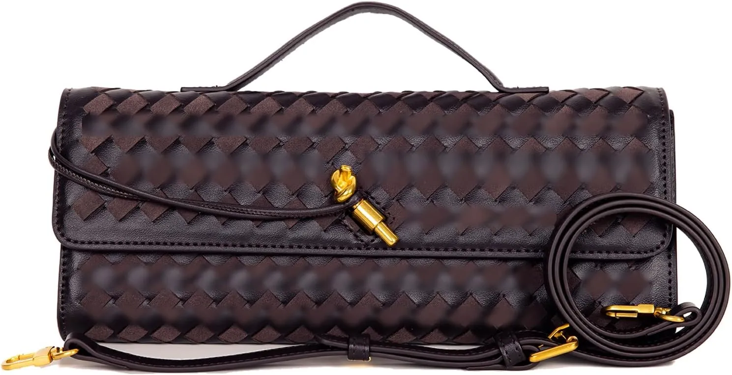 Women's Woven Suede and PU Leather Clutch Purse - Elegant Top-Handle Shoulder Crossbody Evening Bag with Detachable Strap