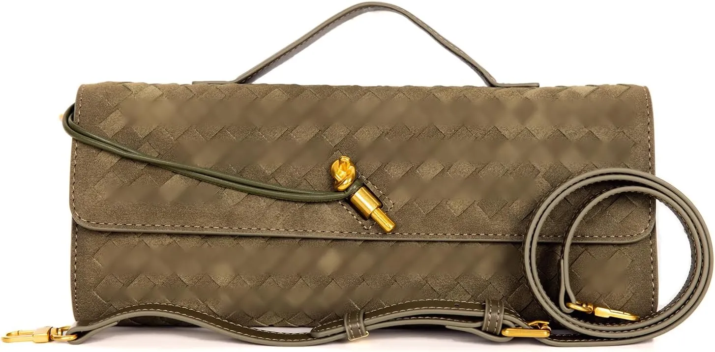 Women's Woven Suede and PU Leather Clutch Purse - Elegant Top-Handle Shoulder Crossbody Evening Bag with Detachable Strap