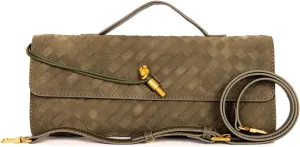 Women's Woven Suede and PU Leather Clutch Purse - Elegant Top-Handle Shoulder Crossbody Evening Bag with Detachable Strap