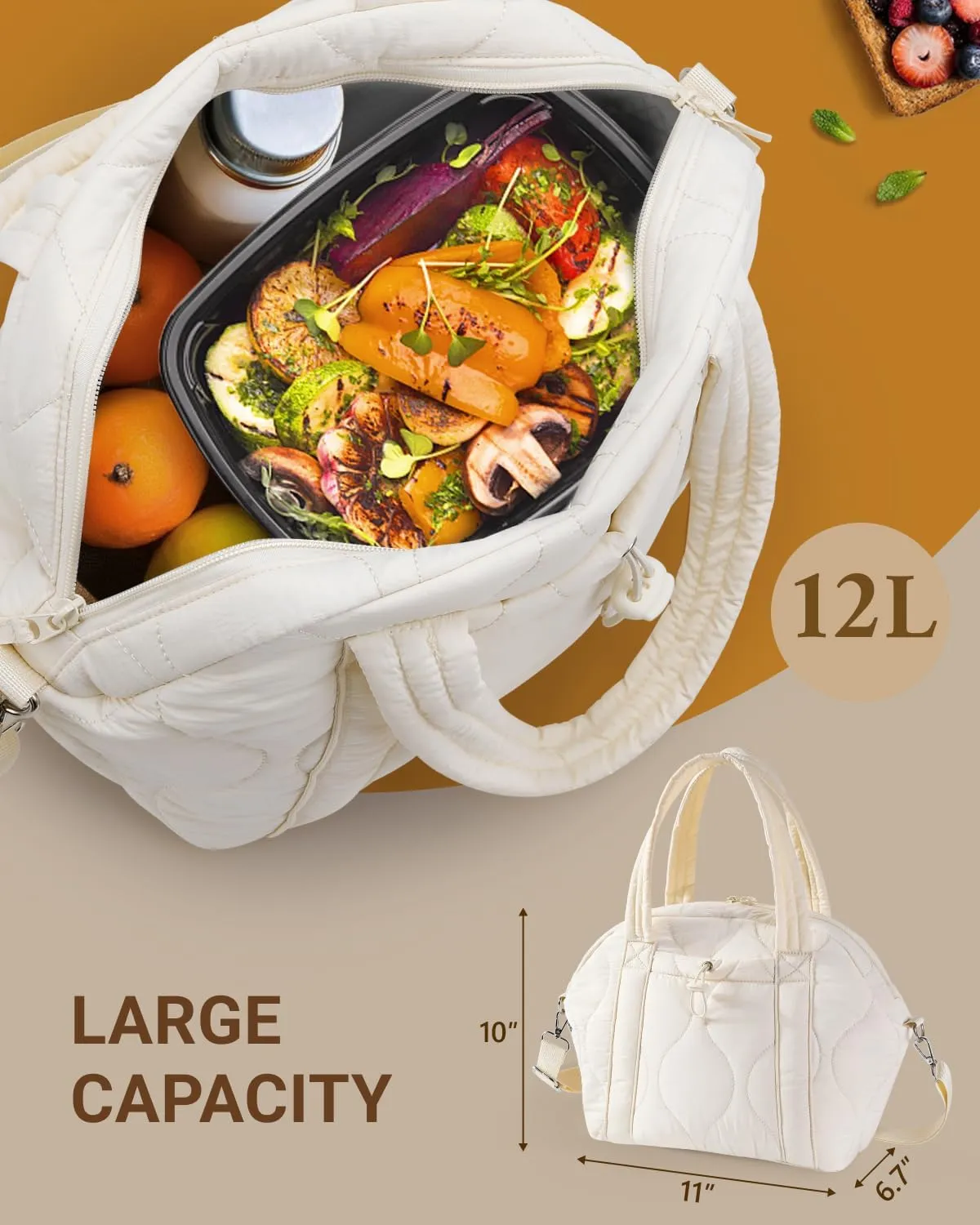 WONDAY Simple Puffer Lunch Bag for Women, Black Adult Lunch Box with Shoulder Strap, Insulated and Leakproof Lunch Tote Keeps Food Fresh, Large Lunch Bag, Perfect for Work, College and picnic