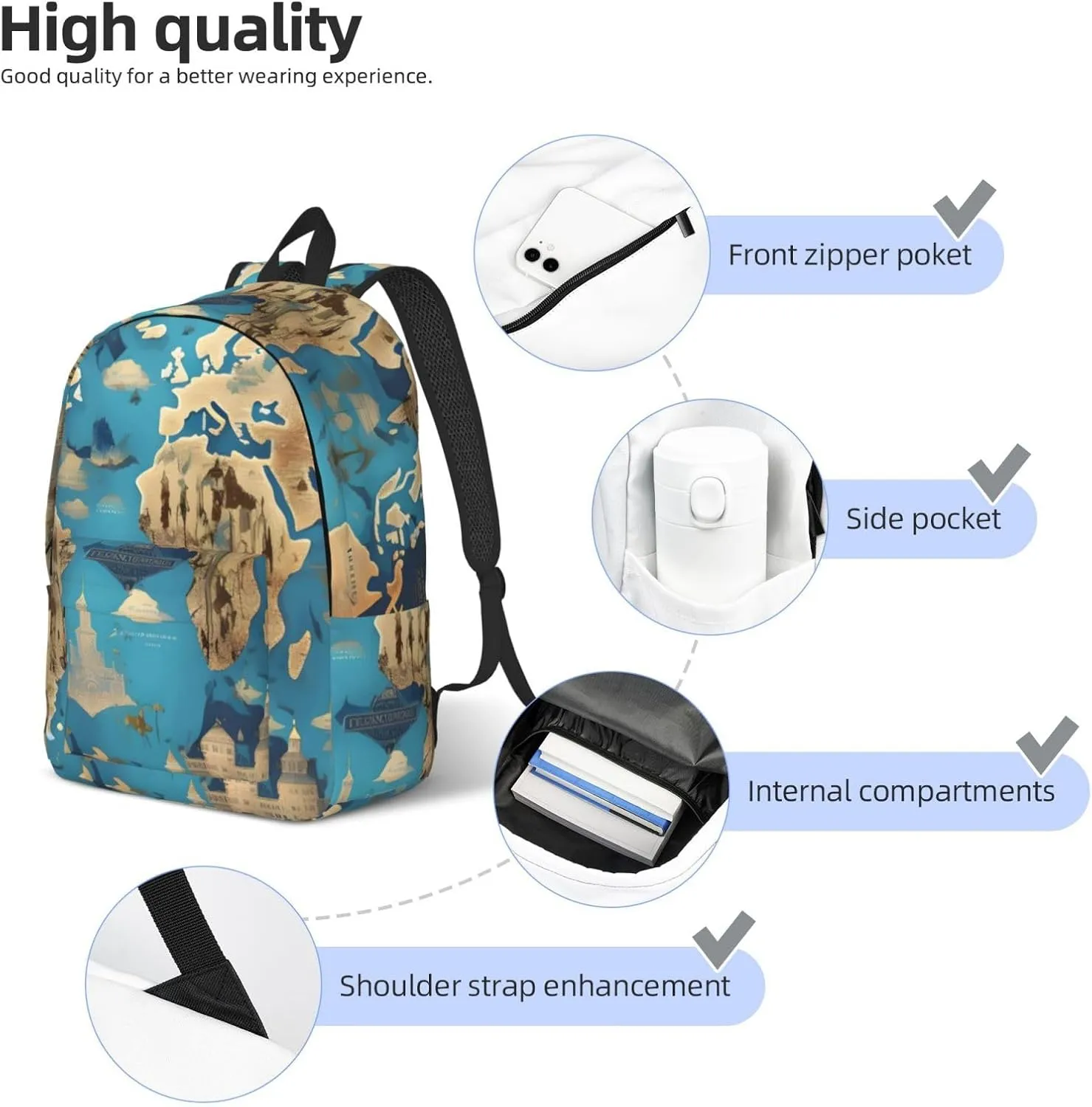 World Geography Map Printed backpack, travel bag, canvas shoulder bag, canvas casual lightweight backpack
