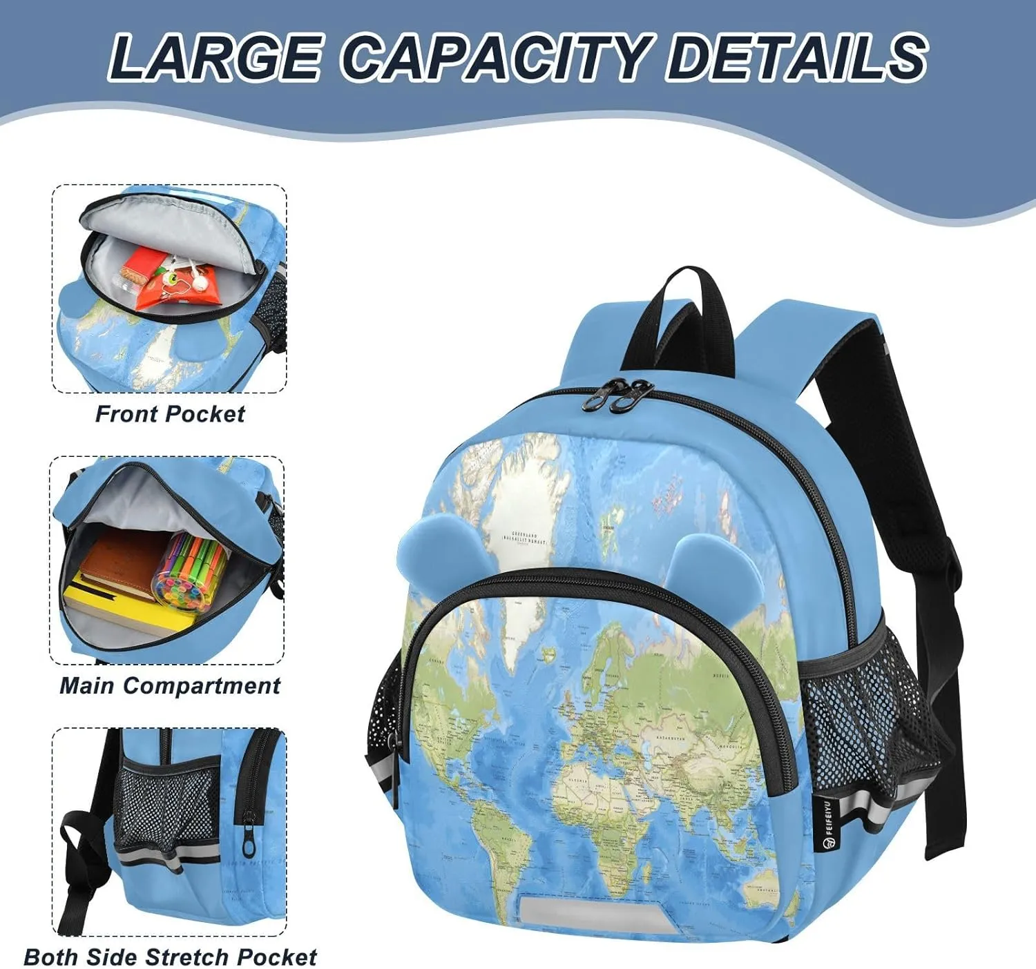 World Map Preschool Backpack Colorful Daycare Bookbag School Backpack with Traction Rope for Kids 3-6