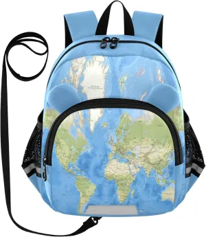 World Map Preschool Backpack Colorful Daycare Bookbag School Backpack with Traction Rope for Kids 3-6