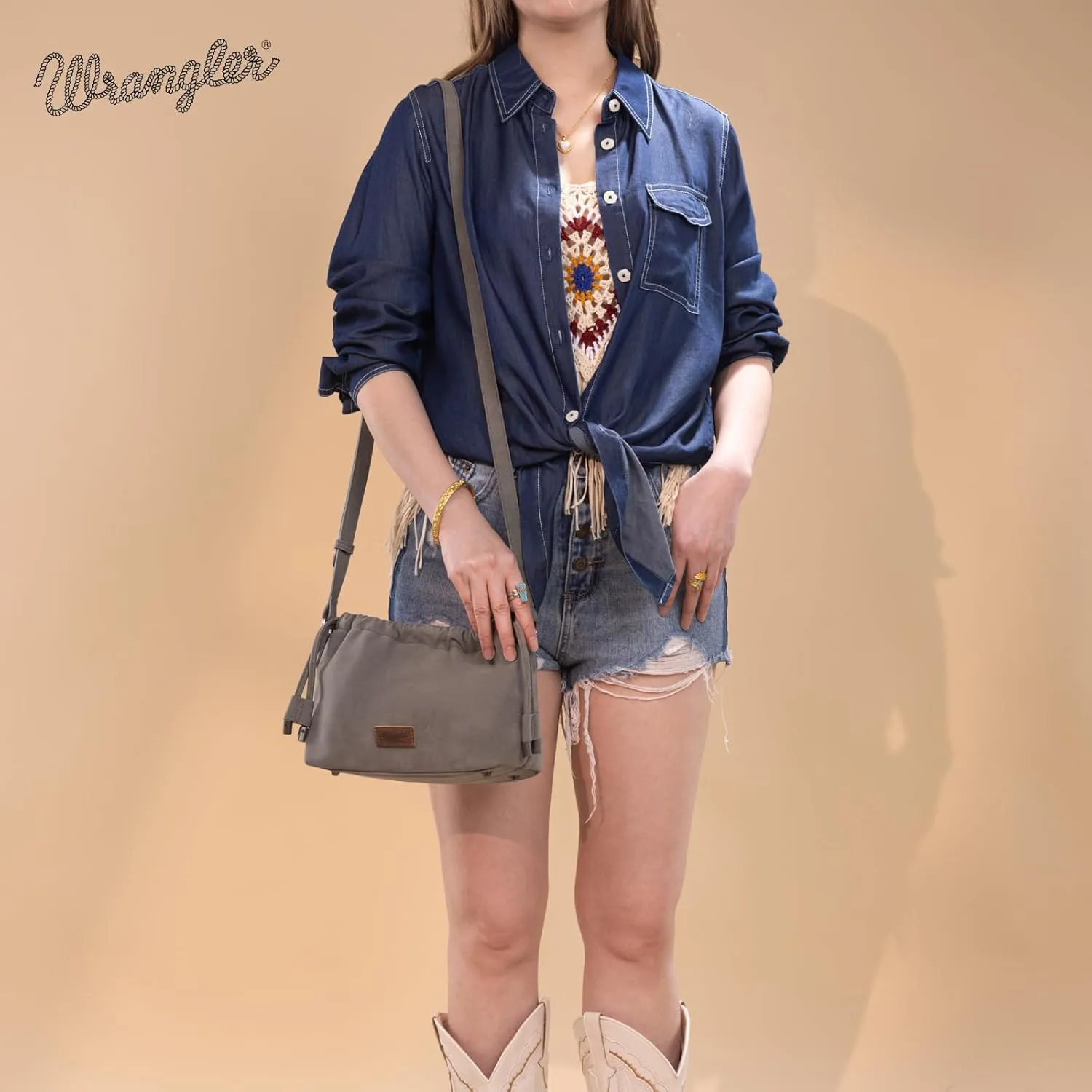 Wrangler Small Suede Crossbody Bags for Women Drawstring Purse Soft Cross Body Bag