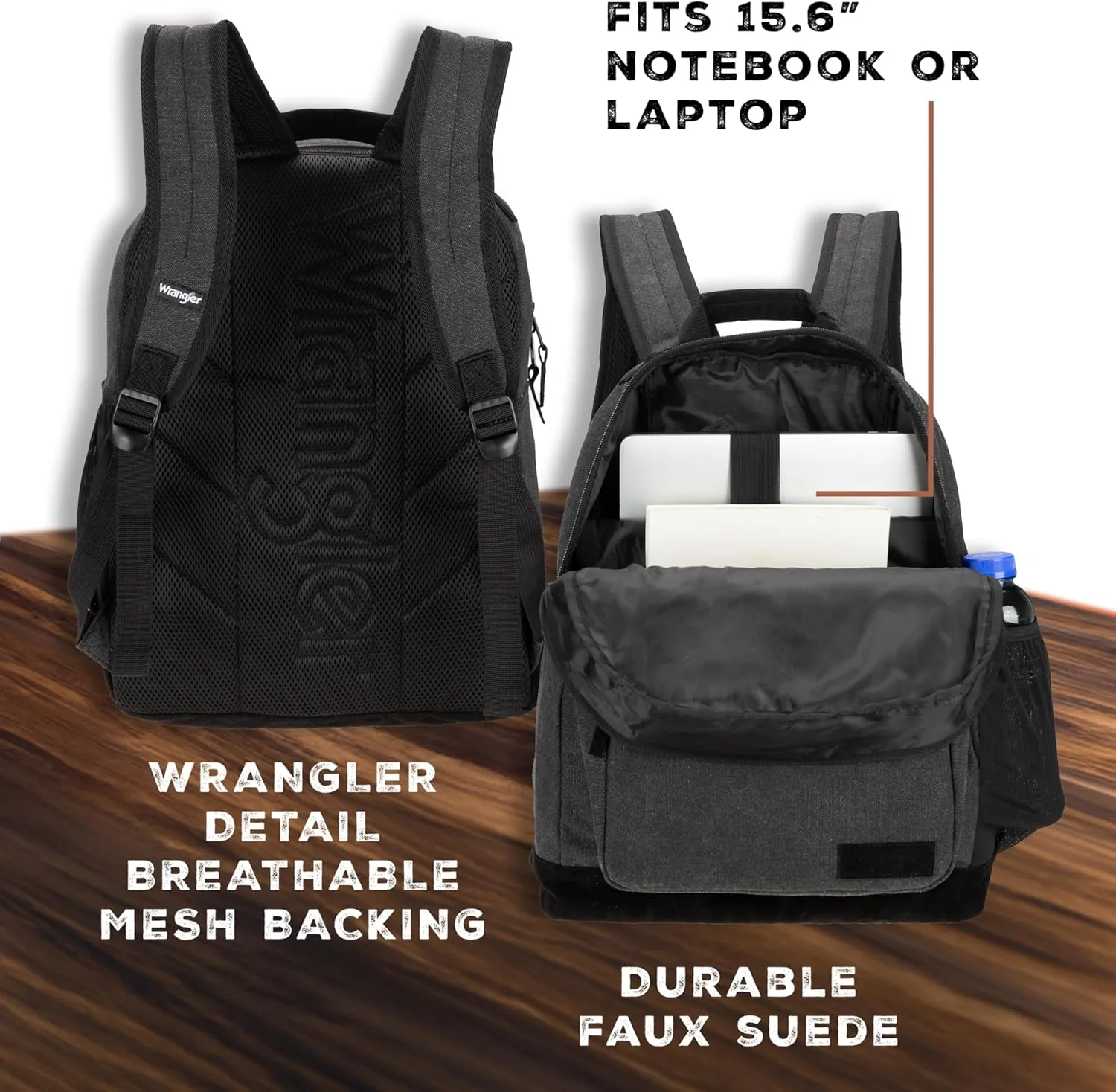 Wrangler Yellowstone Western-Style Backpack Coated Canvas Water Resistant Casual Daypack for Travel, Class, Everyday Use with Padded Laptop Notebook Sleeve (Dark Gray)