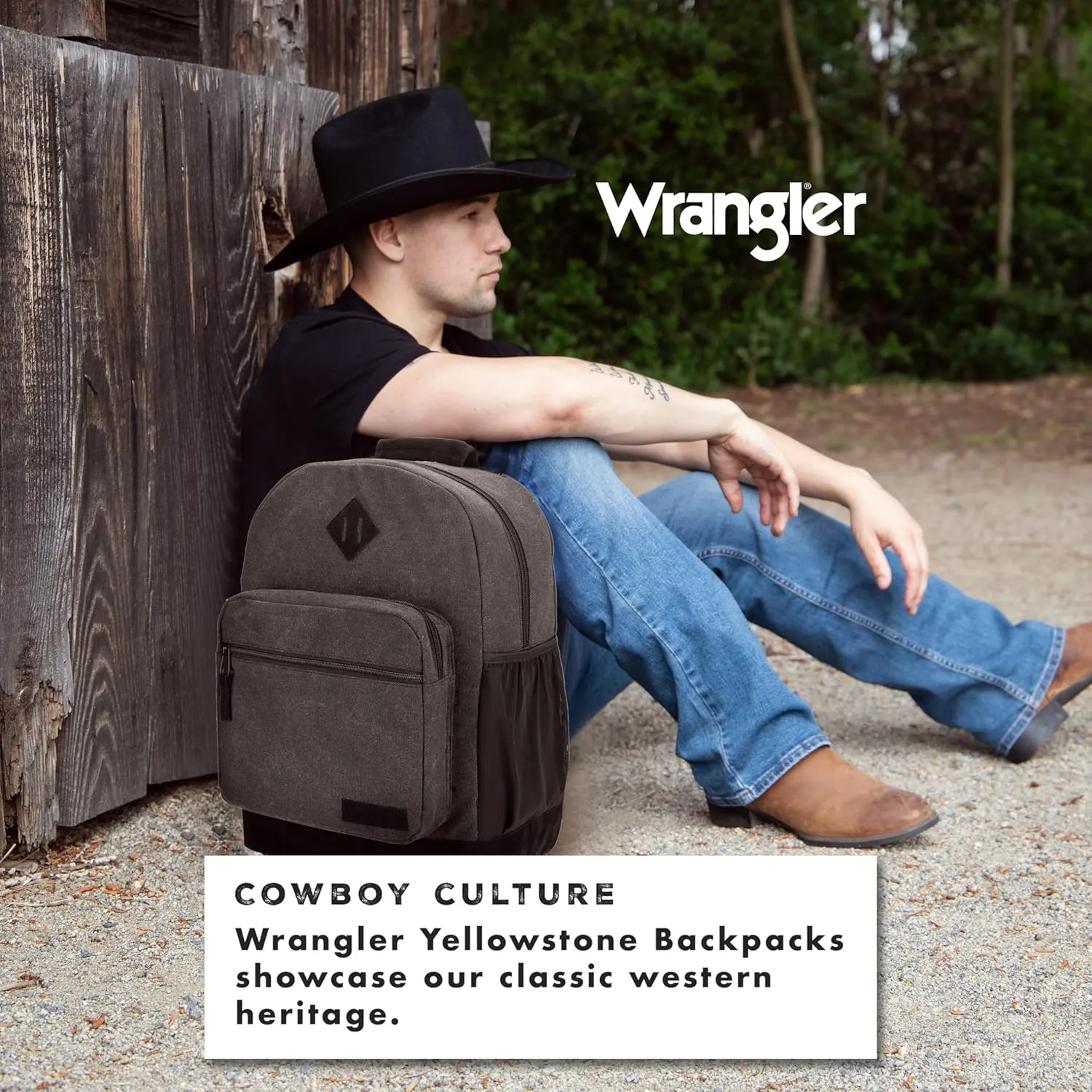 Wrangler Yellowstone Western-Style Backpack Coated Canvas Water Resistant Casual Daypack for Travel, Class, Everyday Use with Padded Laptop Notebook Sleeve (Dark Gray)