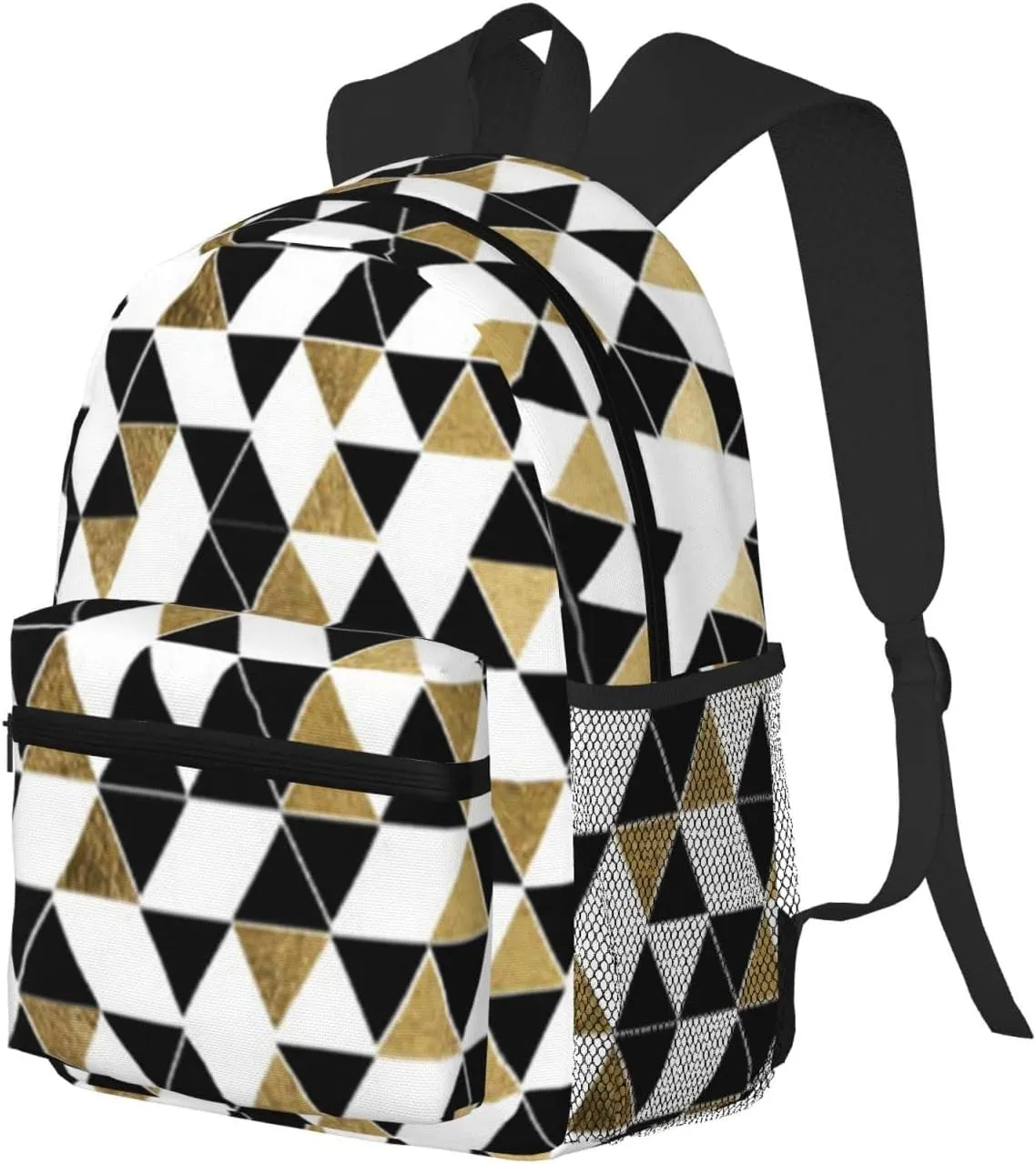 Wurton Fashion Modern Black White Gold Triangles Print Multipurpose Casual Bag With Fashionable Travel,Work Outdoor Activities Backpack