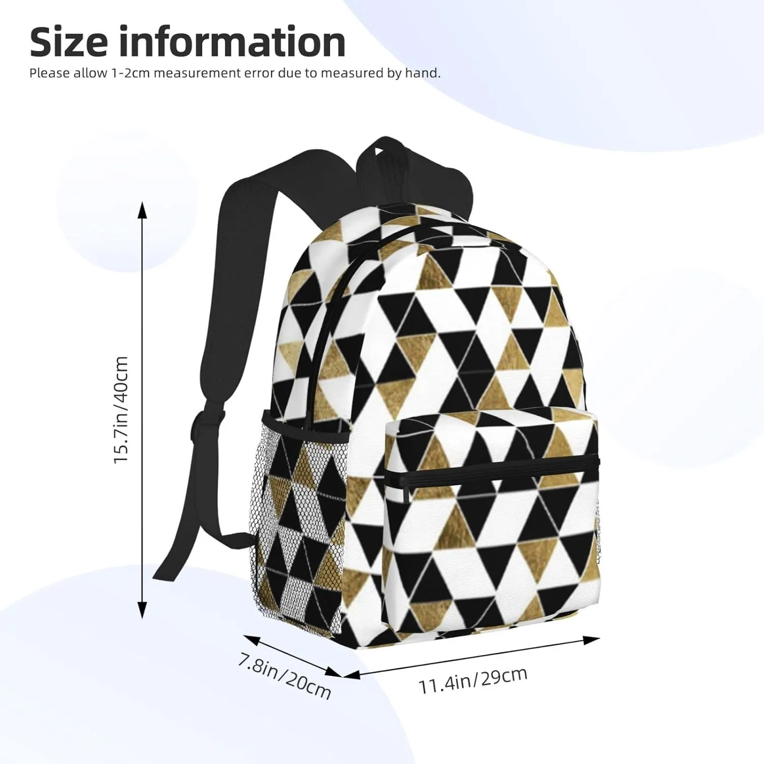 Wurton Fashion Modern Black White Gold Triangles Print Multipurpose Casual Bag With Fashionable Travel,Work Outdoor Activities Backpack