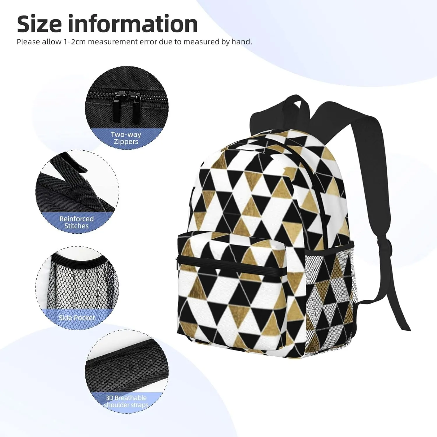 Wurton Fashion Modern Black White Gold Triangles Print Multipurpose Casual Bag With Fashionable Travel,Work Outdoor Activities Backpack