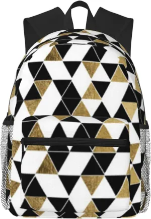 Wurton Fashion Modern Black White Gold Triangles Print Multipurpose Casual Bag With Fashionable Travel,Work Outdoor Activities Backpack