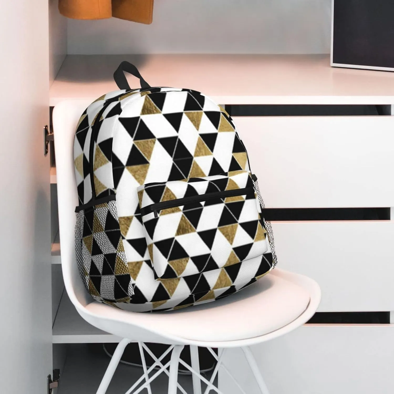 Wurton Fashion Modern Black White Gold Triangles Print Multipurpose Casual Bag With Fashionable Travel,Work Outdoor Activities Backpack