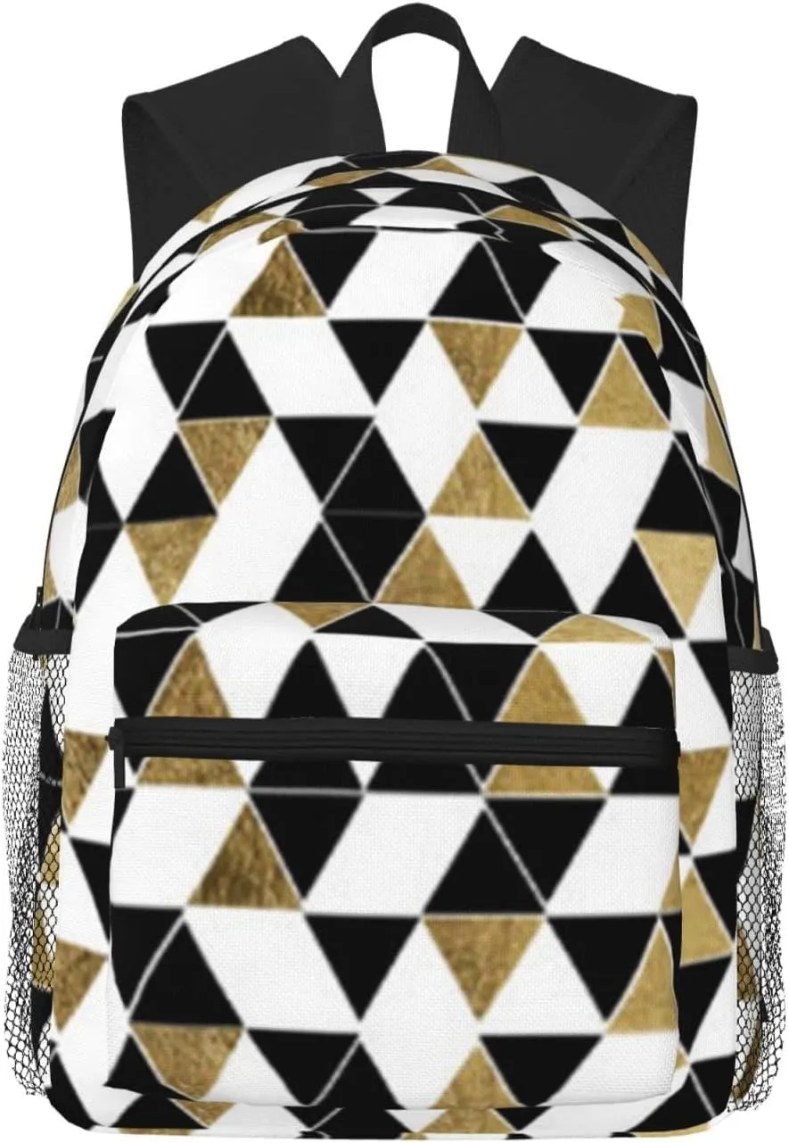 Wurton Fashion Modern Black White Gold Triangles Print Multipurpose Casual Bag With Fashionable Travel,Work Outdoor Activities Backpack