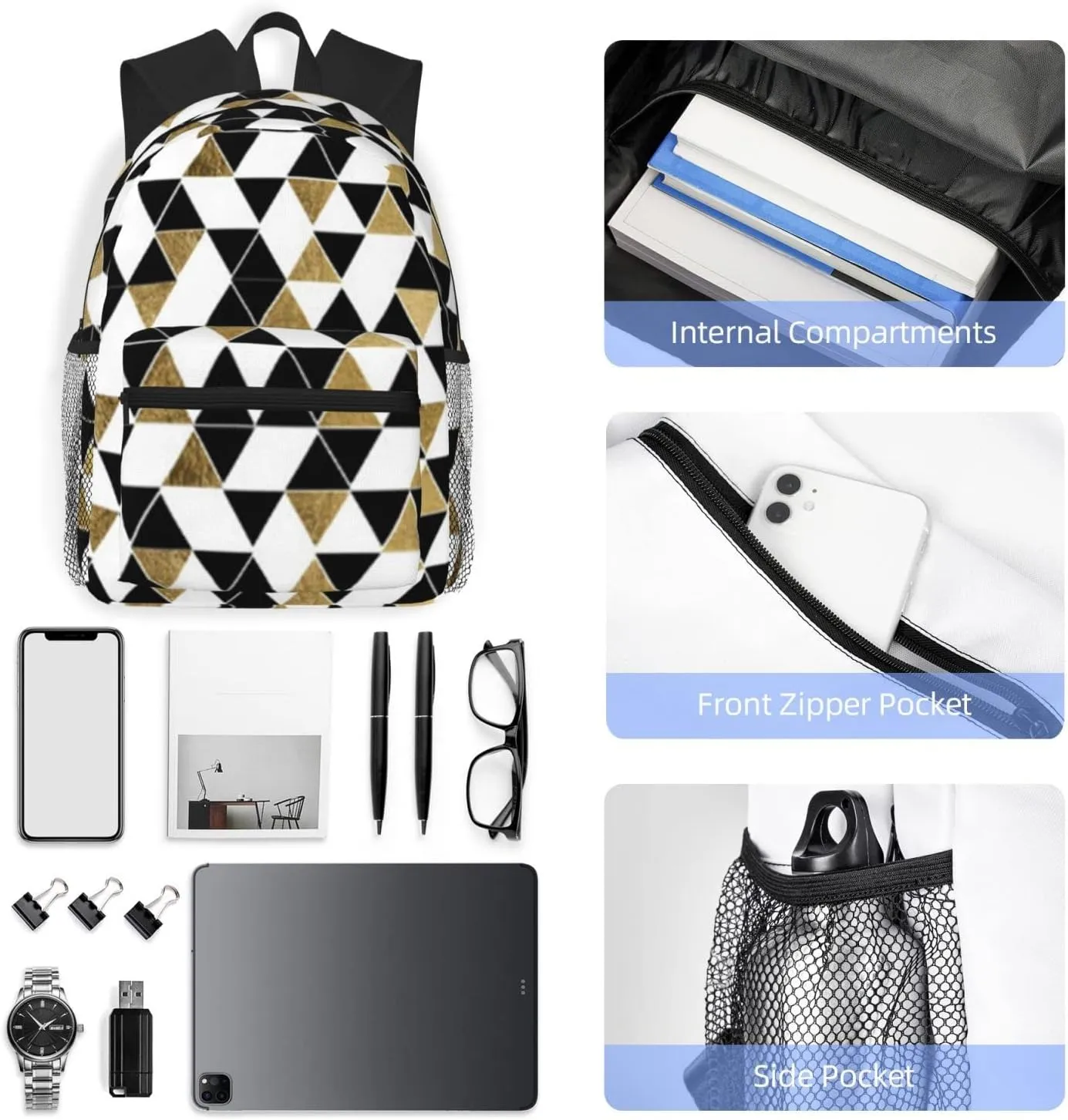 Wurton Fashion Modern Black White Gold Triangles Print Multipurpose Casual Bag With Fashionable Travel,Work Outdoor Activities Backpack