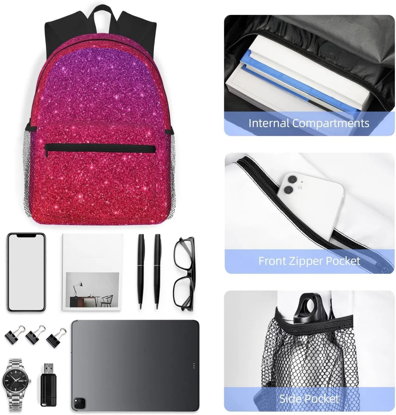 Wurton Gradient Sequin Sparkle Print Multipurpose Casual Bag With Fashionable Travel,Work Outdoor Activities Backpack