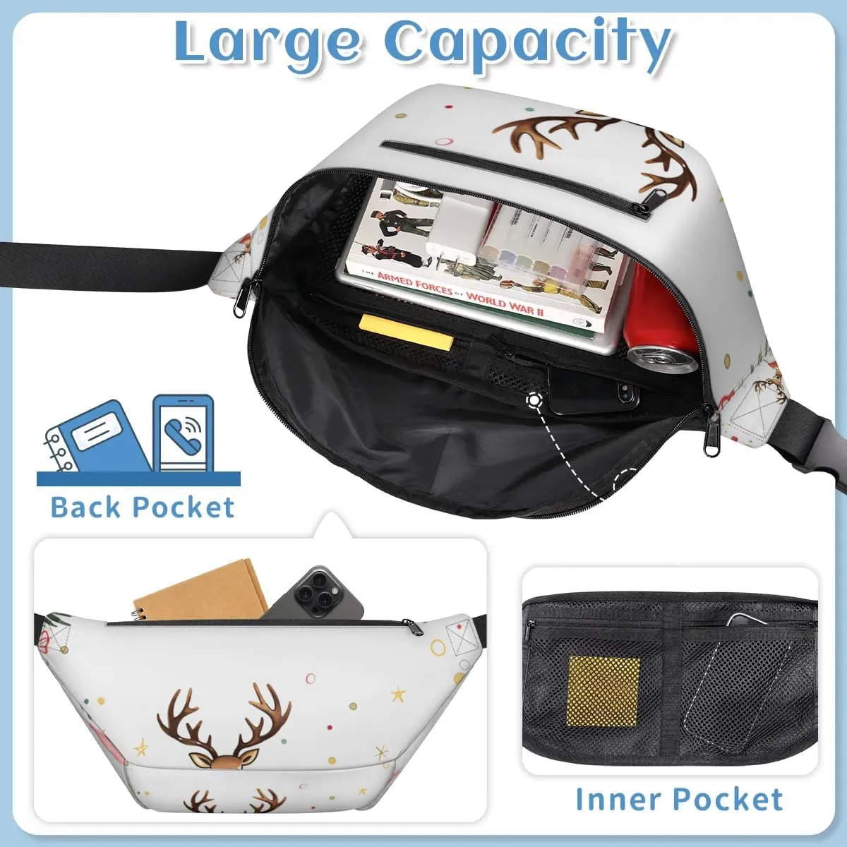 Xmas Deer Sling Bag Crossbody Backpack Chest Daypack for Women Sport Travel Hiking Casual Bag Multipurpose Waist Pack With Zipper Closure Adjustable Strap Shoulder Bag