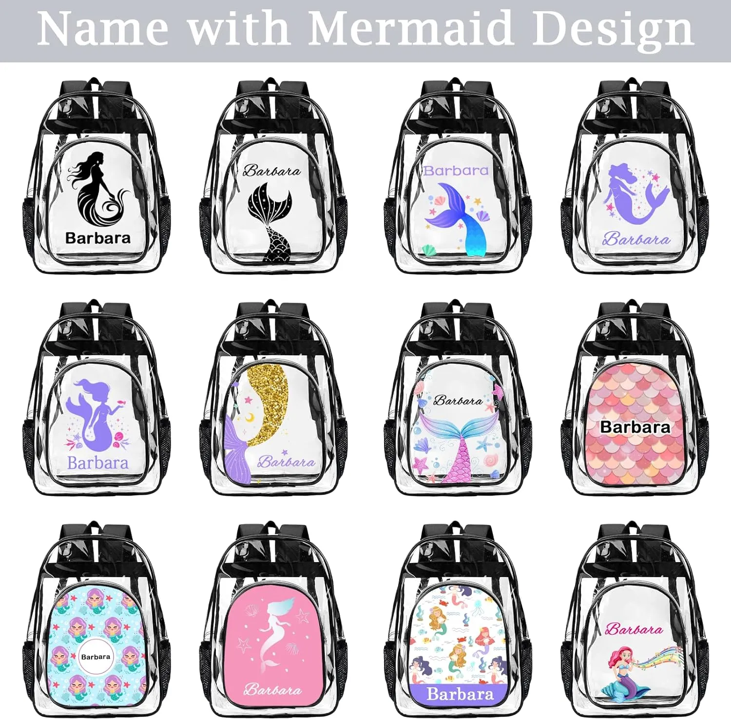 xrlsg Custom Clear Backpack Personalized Backpacks for School Water Resistant PVC Transparent Backpacks for Office Travel Outdoor-Mermaid